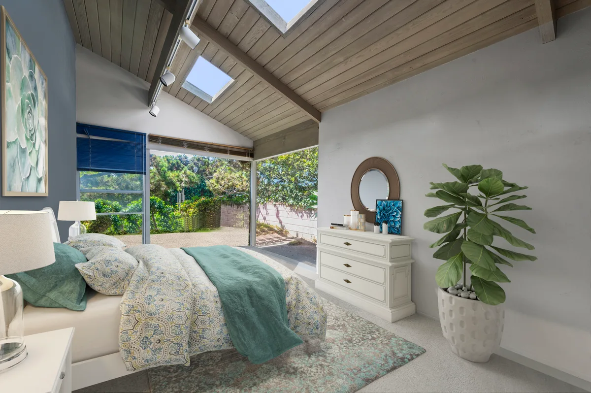 Virtually staged bedroom showing modern furniture and warm styling